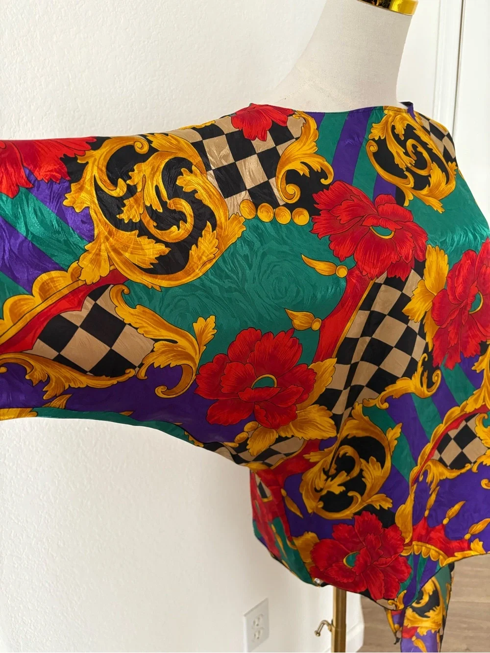 Vintage 80s Baroque Floral Satin Blouse Colorful Statement Top